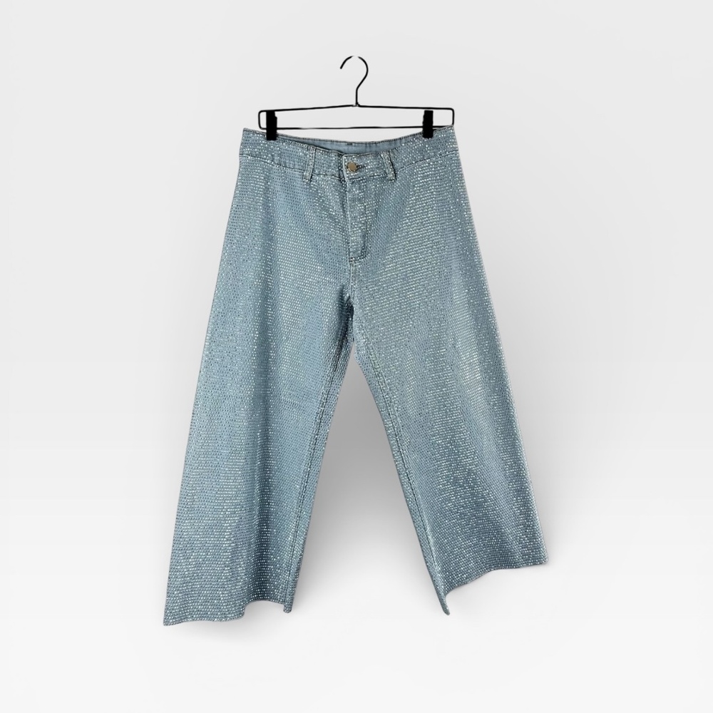 Blue B Collection Wide Leg Cropped Rhinestone Denim Jeans Large (Note Flaws) (I)